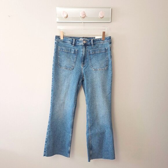 NWT Zara medium blue wash high rise flare leg ankle stretch denim jeans, 12 - Picture 11 of 14
